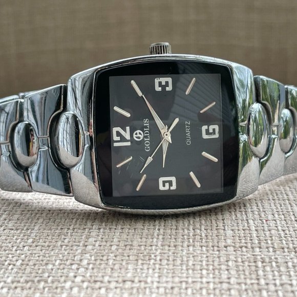 Goldis Men Wrist Watch Silver Tone Analog Quartz Black Face Watch - Picture 5 of 14